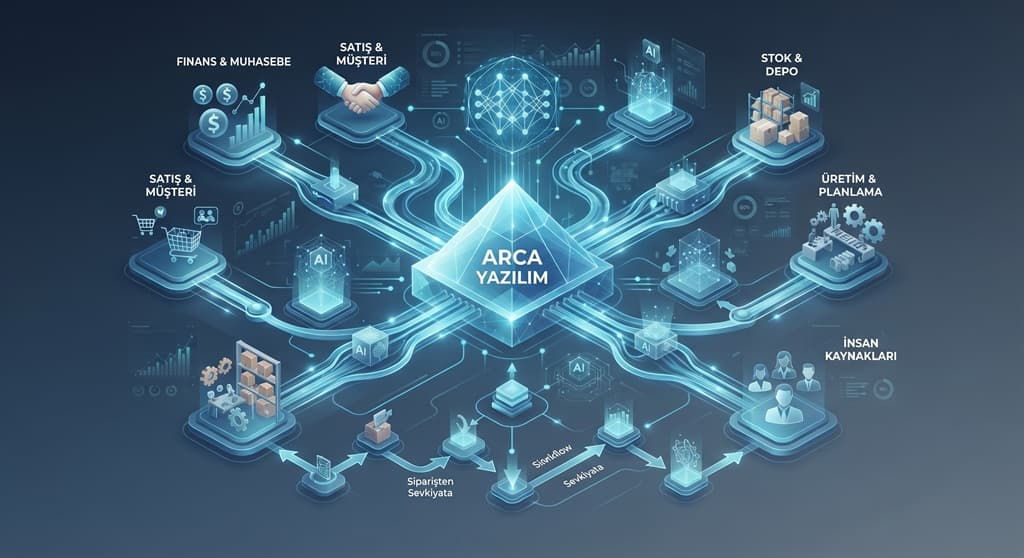 Arca Yazılım merkezli, finans, stok, üretim ve insan kaynakları gibi tüm kurumsal süreçleri yapay zekâ altyapısıyla tek bir platformda birleştiren yeni nesil ERP sistemini temsil eden modern teknolojik şema.