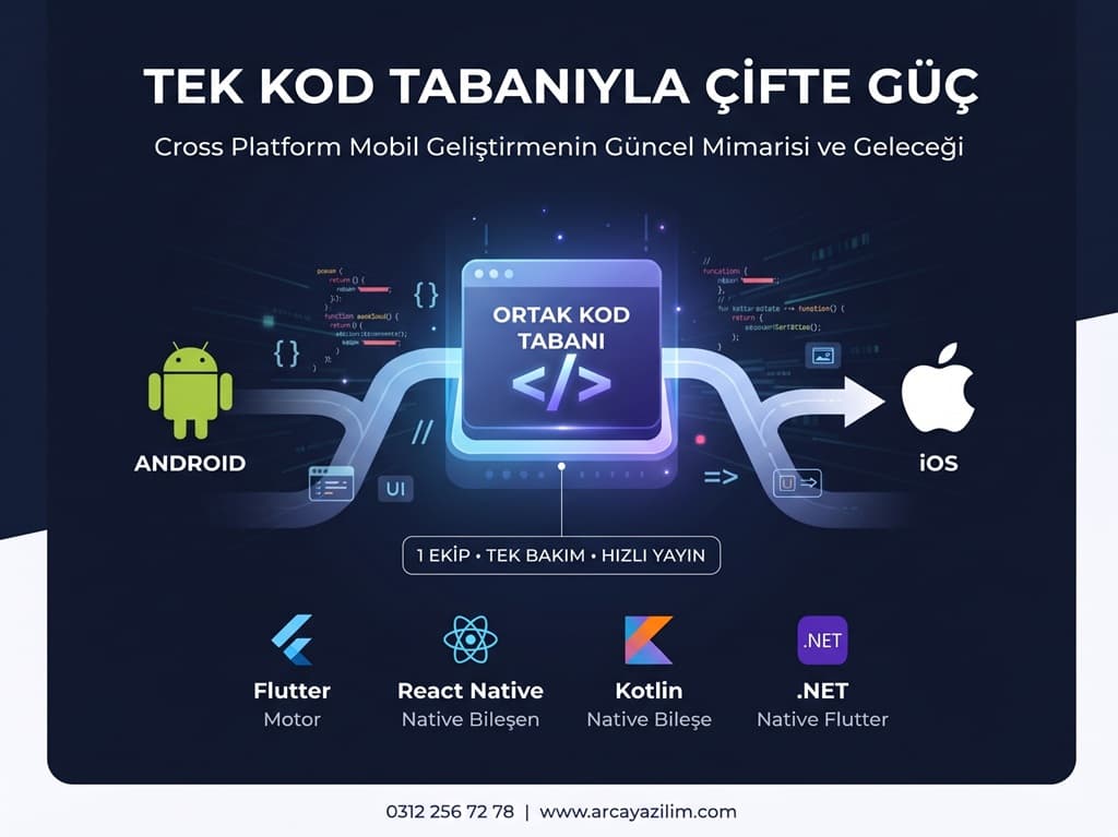 Arca Yazılım uzmanlığıyla cross-platform mobil geliştirme mimarileri, Flutter, React Native, KMP ve .NET MAUI karşılaştırması görseli