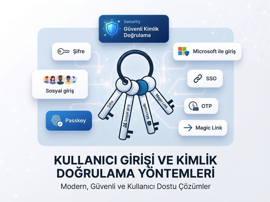 Şifre, sosyal giriş, OTP, Magic Link, passkey ve SSO etiketli anahtarların tek bir anahtarlıkta toplandığı, kimlik doğrulama yöntemlerini temsil eden kapak görseli.