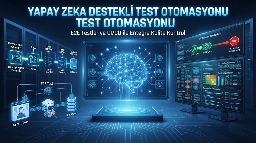 Yapay zeka destekli test otomasyonu, uçtan uca E2E test senaryoları ve CI/CD pipeline süreçlerine entegre kalite kontrol mekanizmalarının gösterimi.