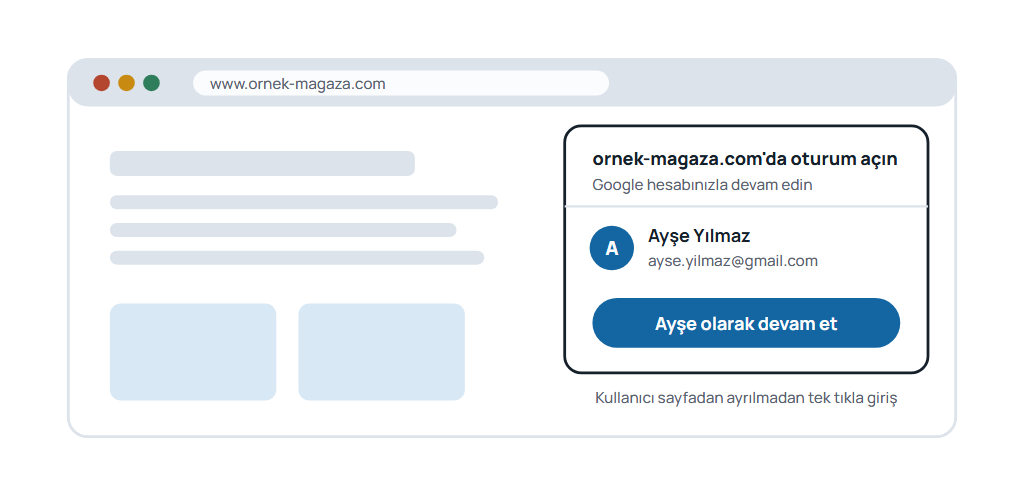 Bir e-ticaret sitesinin sağ üst köşesinde açılan, kullanıcının Google hesabını gösteren ve tek tıkla devam etmeyi sağlayan Google One Tap giriş penceresi.